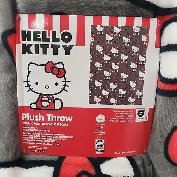 Hello Kitty Plush Throw Blanket 50" x 70" By Sanrio Gray With Red & White Design - Picture 3 of 4